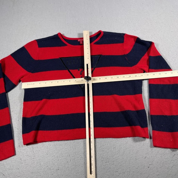 Vintage Guess Sweater Women Medium Striped Red Navy Logo Casual 90s Y2K - Picture 5 of 9